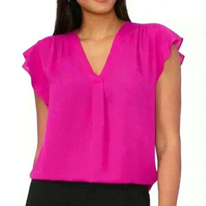 Chaus Fuchsia Flutter Short Sleeve V-Neck Blouse - Size Women’s Large